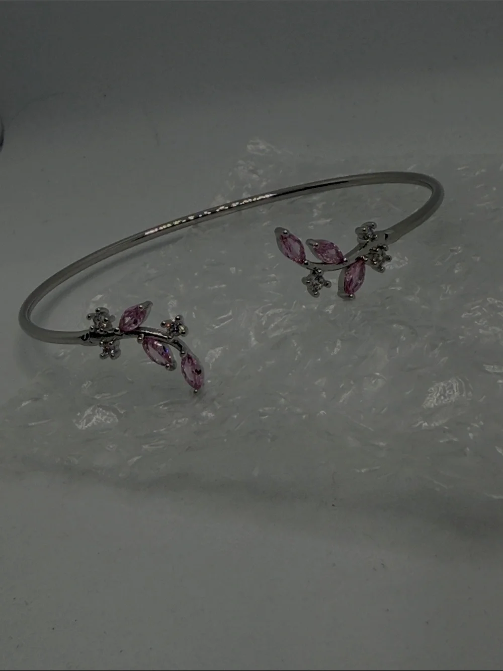 Delicate Pink Leaf Cuff Bracelet - Silver Tone